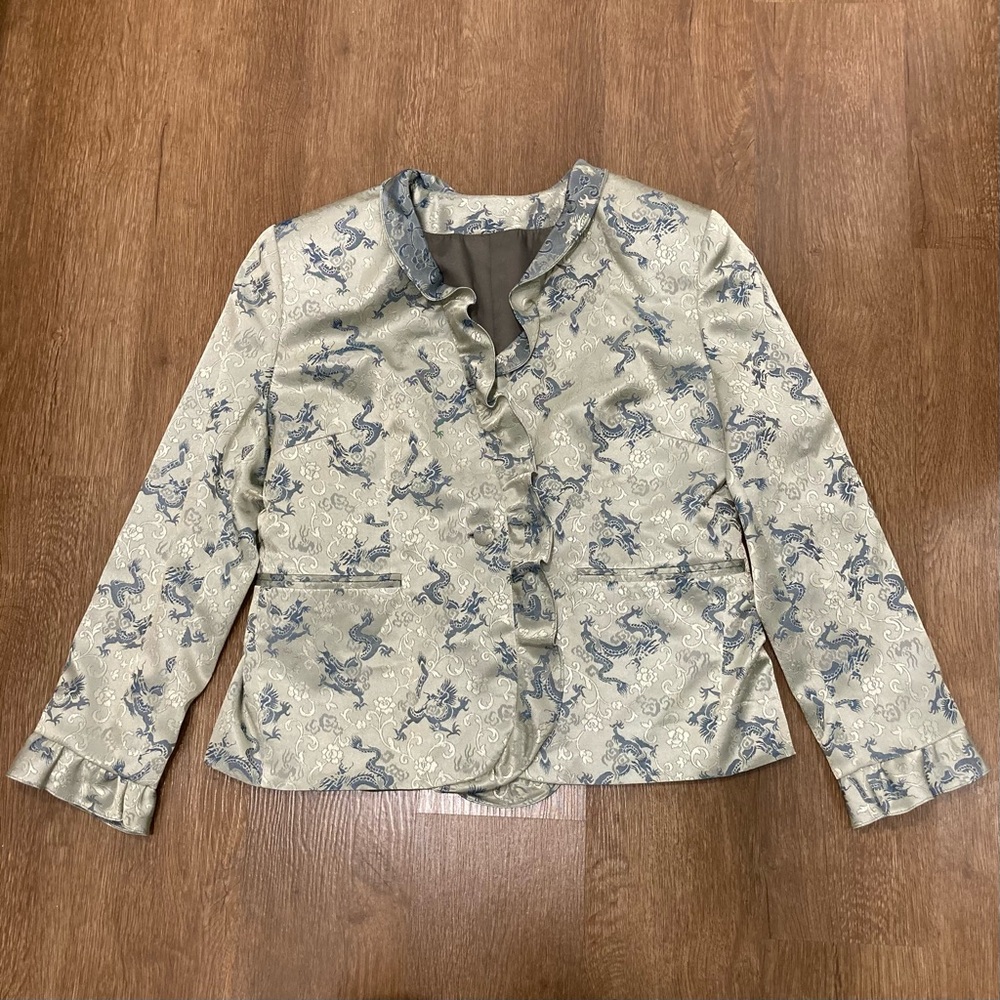 Women's Dragon & Rose Jacket Ruffle Edges Button Front Y2K Style Light Green - Picture 5 of 16